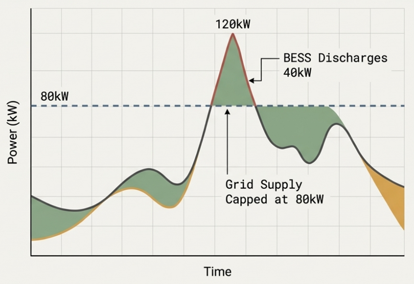 Peak Shaving Graph showing how BESS reduces peak demand from 120kW to 80kW